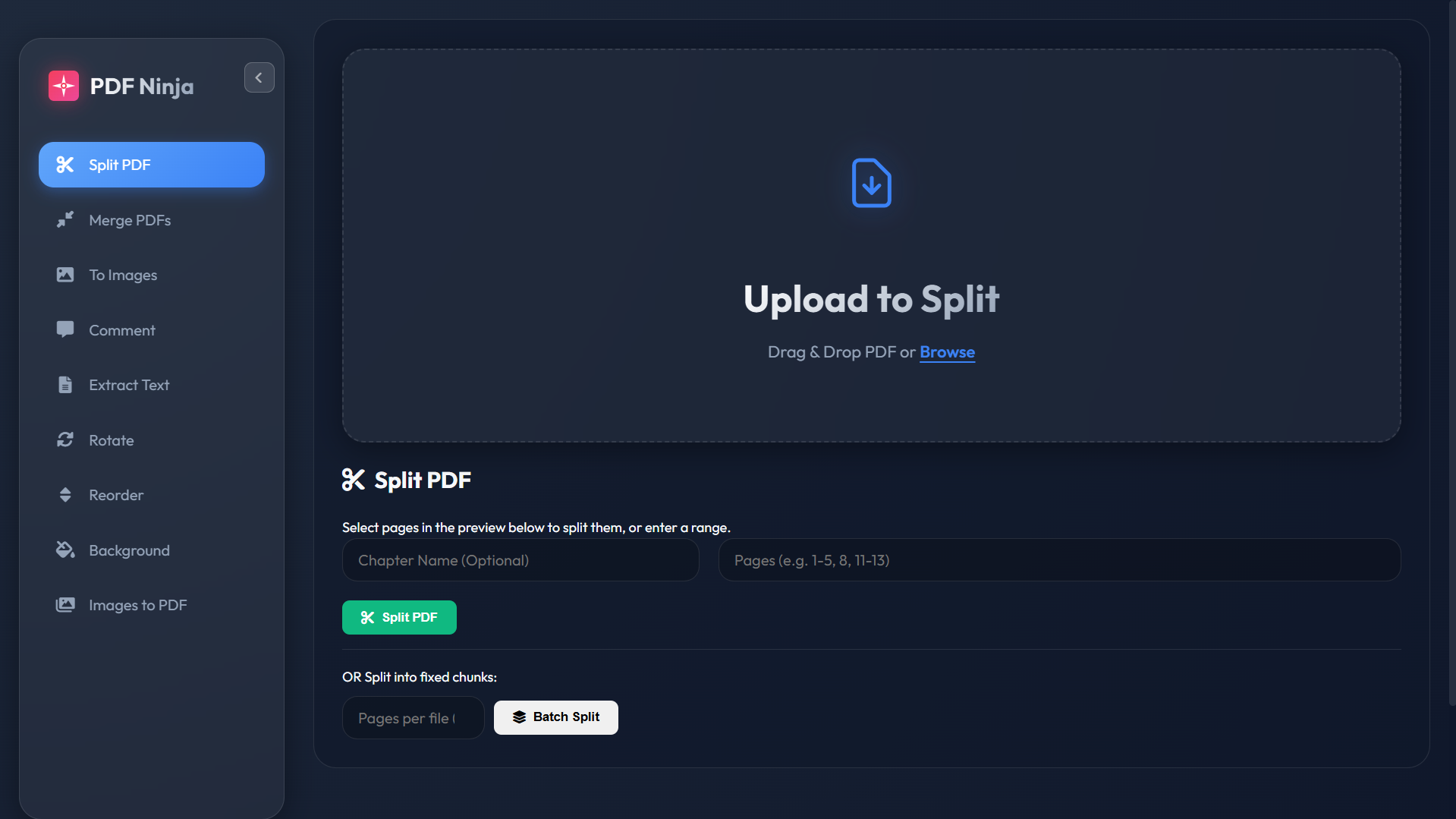 PDF Ninja Pro - Modern PDF editing interface with split, merge, and convert tools